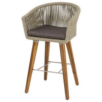 Modern Indoor/Outdoor Bar Stool with Wood Legs and Decorative Rope Detail