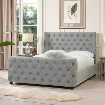 Geneva Curved Wing Upholstered Platform Bed, Queen, Opal Grey Velvet