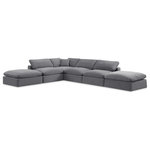 Meridian Furniture - Comfy Upholstered L-Shaped Modular Sectional, Grey, 6-Piece: 3 Armless Chair, 1 Corner Chair, 2 Ottoman, Velvet - Give your space a whole new look with this grey Comfy velvet sectional. This handsome sectional fits nicely with other items in the Comfy collection and is a versatile seating option designed for adaptability, comfort and style. Wrapped in rich grey durable velvet upholstery, this sectional offers a plush embrace of overstuffed down feather cushions, carefully crafted to deliver the highest level of comfort. The perfect seat for creating an oasis for relaxation, this sectional has thick foam surrounding its frame for added support and coziness.