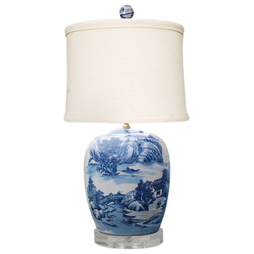 Blue and White Blue Willow Porcelain Ginger Jar Table Lamp 27"