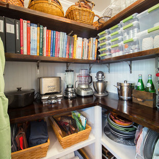 Small traditional kitchen pantry pictures - Kitchen pantry - small traditional medium tone wood floor kitchen pantry idea in Charlotte with wood countertops and white backsplash