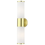 Livex Lighting - Lindale 2 Light Satin Brass ADA Vanity Sconce - Add a dash of character and radiance to your home with this vanity sconce. This two-light fixture from the Lindale Collection features a satin brass finish with two satin opal white glass cylinder shades on either side. The clean lines of the back plate complement the cylindrical glass shades adorned with detailed trim at the end of each glass creating a minimal, sleek, urban look that works well in most decors. This fixture adds upscale charm and contemporary aesthetics to your home.