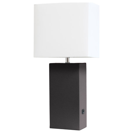 Elegant Designs Modern Leather Table Lamp with USB and White Fabric Shade, Brown