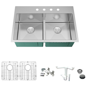 Transolid Diamond 33"x22" Double Bowl Dual-Mount Sink Kit in Stainless Steel