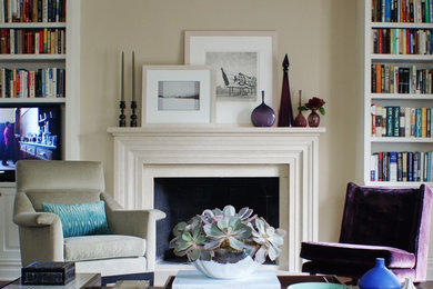 Living room - large traditional formal and open concept living room idea in New York with beige walls, a standard fireplace and a media wall