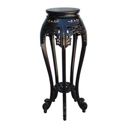 Chinese Red Brown Mahogany Mother of Peal Round Curved Legs Pedestal Stand - Plant Stands And Telephone Tables