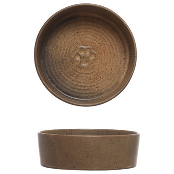 Round Debossed Pet Bowl, Paw Print, Reactive Glaze, Brown, Each One Will Vary