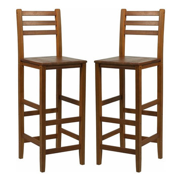 Traditional Set of 2 Bar Stools, Acacia Hardwood With Backrest and Footrest