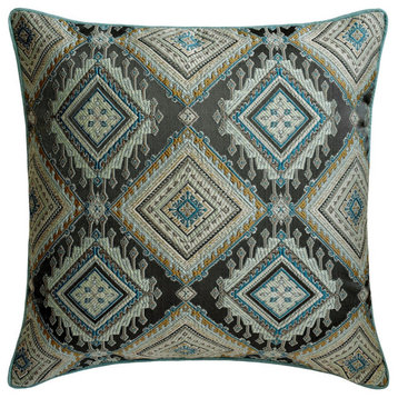 Blue Jacquard Silk Aztec Pattern 16"x16" Throw Pillow Cover - Aztec Invent