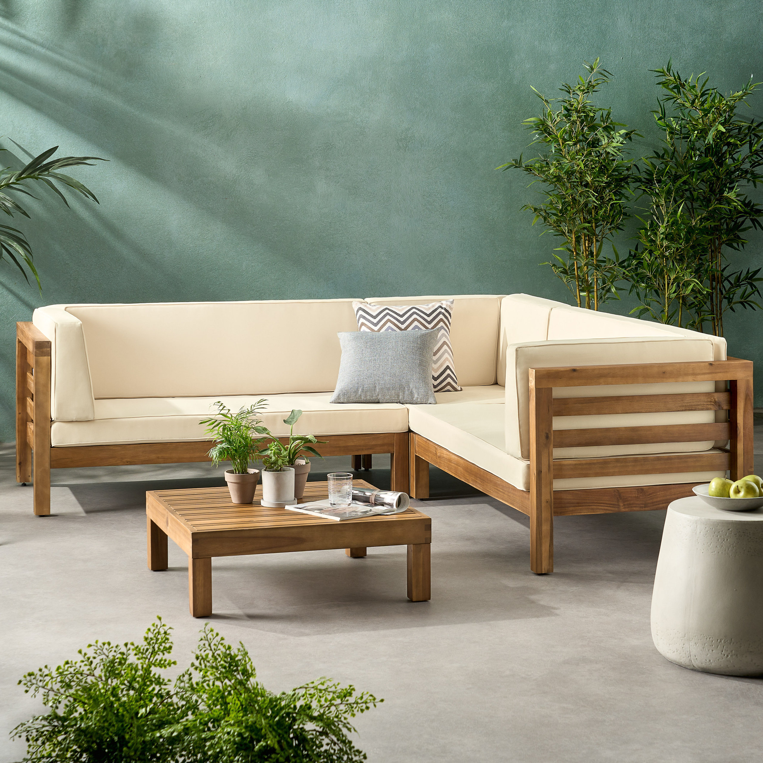GDF Studio Oana Outdoor 5 Seater V Shaped Acacia Wood Sectional Sofa Set, Teak/Beige