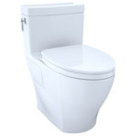 Toto - Toto Aimes WASHLET+ 1P Elong 1.28GPF UHt Toilet, CEFIONTECT CW MS626124CEFG#01 - The TOTO Aimes One-Piece Elongated 1.28 GPF Universal Height Skirted Toilet with CEFIONTECT has a bold and modern high-profile design, projecting TOTO's mark of excellence: People Planet Water. The TOTO Aimes features a sleek, one-piece design that will immediately beautify the appearance of your bathroom. The one-piece design is not only aesthetically pleasing, but also offers the benefit of being easier to clean versus a two-piece toilet. By removing the gap between the tank and bowl, we eliminate the hiding place for dirt and debris. An additional benefit of the one-piece toilet is that there is no threat of leaks from bolts or gaskets that can occur in two-piece toilets. The Skirted Design of the TOTO Aimes conceals the trapway, which enhances the elegant look of the toilet and adds an additional level of sophistication. Skirted Design toilets also eliminate the need to reach behind the bowl to clean the nooks and crannies of the exterior trapway. The TOTO Aimes features TOTO's TORNADO FLUSH, a hole-free rim design with dual-nozzles that creates a centrifugal washing action that assists in rinsing the bowl more efficiently. This version of the TOTO Aimes includes CEFIONTECT, a layer of exceptionally smooth glaze that prevents particles from adhering to the ceramic. This feature, coupled with TORNADO FLUSH , assists to reduce the frequency of toilet cleanings, minimizing the usage of water, harsh chemicals, and time required for cleaning. The TOTO Aimes is designed in TOTO's Universal Height, which allows for a more comfortable seat position across a wide range of users. This version of the Aimes offers TOTO T40 WASHLET+ compatibility for when you are ready to upgrade. Compatible with T40 WASHLET+ electronic bidet seat models only. WASHLET+ toilets feature a channel on the bowl surface to help conceal your WASHLET+ supply line and power cord for seamless integration. The Aimes comes ready for install into a 12" rough-in, but may be adapted for a 10" or 14" rough-in with the purchase of a separately sold adapter. The Aimes is ADA compliant and meets the standards for EPA WaterSense, and California's CEC and CALGreen requirements. The TOTO Aimes has a left-hand chrome trip lever and an included TOTO SoftClose seat.