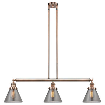 3-Light Large Cone 40" Island Light, Antique Copper, Glass: Smoked