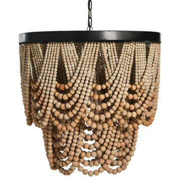 Metal Chandelier With Draped Wood Beads, Natural