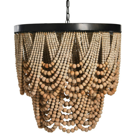 Metal Chandelier With Draped Wood Beads, Natural