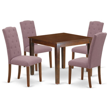 5Pc Dining Set, Square Table, Four Parson Chairs, Dahlia Fabric, Mahogany