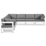 Meridian Furniture - Nizuc Water Resistant Patio L-Shaped Modular Sectional, Gray, 7-Piece: 4 Armless Chair, 3 Corner Chair, White Aluminum Frame - Pick and choose your favorites from the Nizuc collection to create a modular seating group the whole gang will enjoy. The sturdy aluminum frame provides dependable support for friends and family as they relax and unwind, and the resilient grey water resistant fabric stands up to the elements without losing its beautiful demeanor, so you can count on it lasting for the long haul. Latches beneath these seating pieces help you easily attach them to one another for convenient setup.