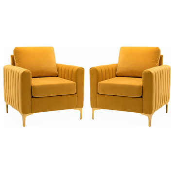 Contemporary Style Club Chair With Arms, Set of 2, Mustard