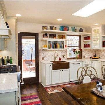 White country kitchen with copper farmhouse sink