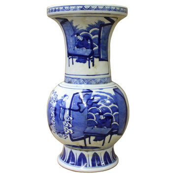 Chinese Blue White Porcelain People Theme Round Shape Vase