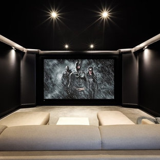 Inspiration for a medium sized contemporary home cinema in Amsterdam.