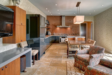 Open concept kitchen - large contemporary l-shaped travertine floor open concept kitchen idea in New York with an undermount sink, flat-panel cabinets, gray cabinets, quartz countertops, multicolored backsplash, stone slab backsplash, stainless steel appliances and an island