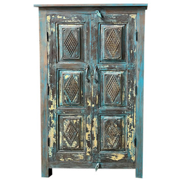 Consigned Turquoise antique rustic cabinet, Farmhouse Hallway Accent Armoire