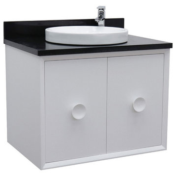 31" Single Wall Mount Vanity, White Finish With Black Galaxy Top
