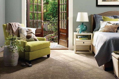 Large master carpeted bedroom photo in Other with gray walls and no fireplace