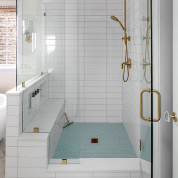 Elegant Primary En Suite, Powder Bathroom & Laundry Room w/ Matte Gold Accents