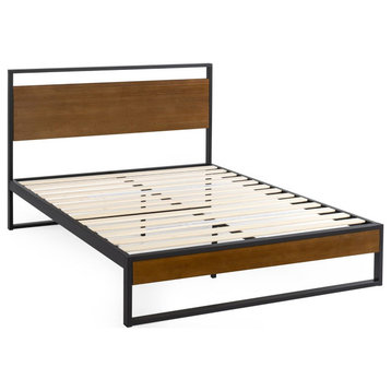 Platform Bed, Black Metal Frame With Bamboo Wooden Headboard, King Size