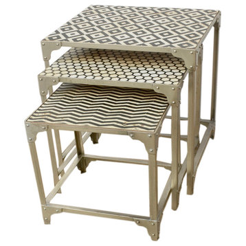 HILO Black & White Patterned Faux Stone Nesting Tables with Silver Base. Purpose