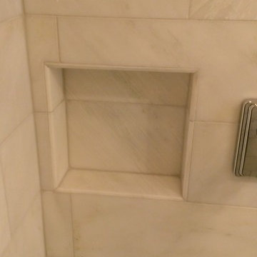 BATHROOM - Calcutta Gold Marble Shower / Gray Penny Tile Floor