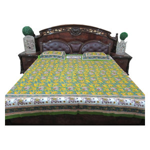 Mogul Interior - Indian Print Bedspread Summer Cotton Bedding Green Animal Printed - Quilts And Quilt Sets