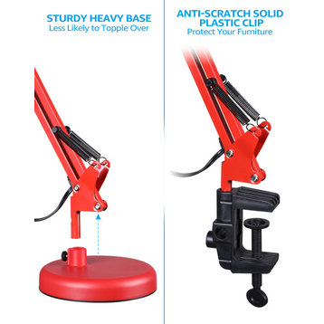 Swing Arm Desk Lamp, Interchangeable Base Or Clamp, Red