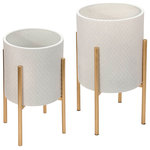 Sagebrook Home - 2-Piece Honeycomb Planter On Metal Stand Set, White and Gold - With a honeycomb texture, and a gold base you get a sleek and dynamic addition to your room.  These planters look good with or without plants, side by side or apart.