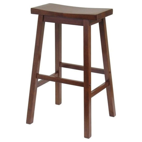 Pemberly Row 28.86" Solid Wood Saddle Seat Bar Stool in Antique Walnut