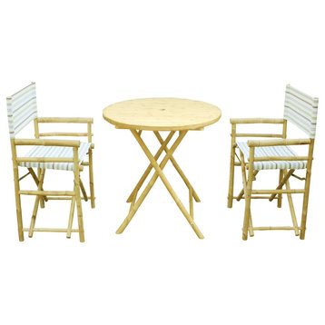 Bamboo Set Of 2 White Stripe Director Chairs And 1 Round Bamboo Table