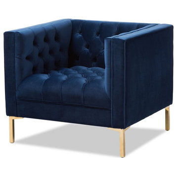 Baxton Studio Zanetta Velvet Tufted Lounge Chair in Navy and Gold