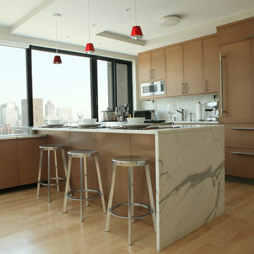 Rift Cut Cabinetry with Waterfall Countertop in Contemporary Manhattan Apartment