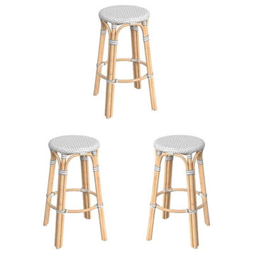 Home Square 30" Round Rattan Bar Stool in White and Gray Dot - Set of 3