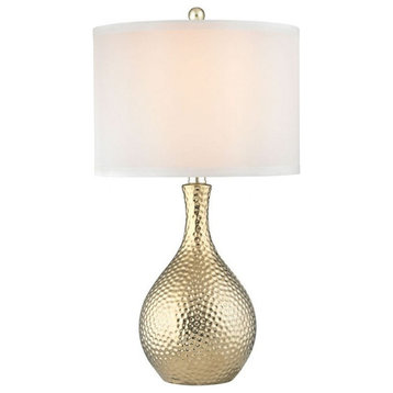 Gold Plate Gourd Table Lamp Made Of Metal A White Faux Silk Shade - Table Lamps
