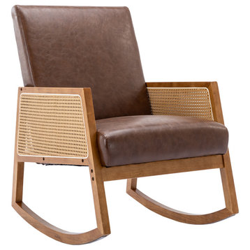 SEYNAR Velvet Upholstered Rocking Accent  Chair with Rattan Woven Armrest, Brown