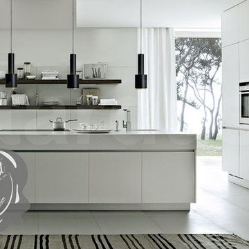 Minimal White Modern Bulthaup Kitchen Design with Kitchen Counter Pendant Lamps