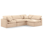 Meridian Furniture - Indulge Upholstered Modular L-Shaped Sectional, Beige, 4-Piece: 2 Armless Chair, 2 Corner Chair, Down Stuffed Velvet - Experience ultimate comfort and style with our beige velvet Indulge Sectional. The luxurious velvet will elevate the aesthetic of any room. This sofa provides ample space for you to relax while its modular build offers the option of unlimited configurations. Whether you're looking to add a stylish element to your living room or a comfortable seating option to your bedroom, this sofa is the perfect choice.