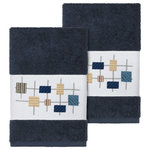 Linum Home Textiles - Khloe 2 Piece Embellished Hand Towel Set - The KHLOE Embellished Towel Collection features a mod geometric grid embroidery on a woven textured border.