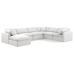 Meridian Furniture - Indulge Upholstered Modular U-Shaped Sectional, White, 7-Piece: 3 Armless Chair, 3 Corner Chair, 1 Ottoman, Down Stuffed Linen Textured Fabric - Experience ultimate comfort and style with our white linen textured fabric Indulge Sectional. The luxurious linen texture of the fabric will elevate the aesthetic of any room. This sofa provides ample space for you to relax while its modular build offers the option of unlimited configurations. Whether you're looking to add a stylish element to your living room or a comfortable seating option to your bedroom, this sofa is the perfect choice.