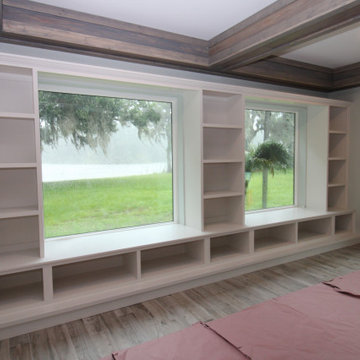 Built-In Custom Open Window Seat, Cabinets, Tall Open Bookcases