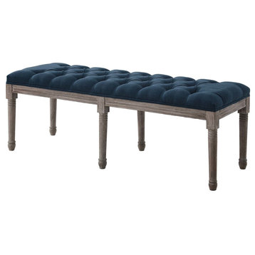 Country Farm Living Accent Chair Bench, Vintage Style, Velvet Navy Blue