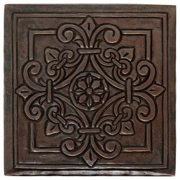 Square Fleur Medallion Design Hammered Copper Tile, 4"x 4"