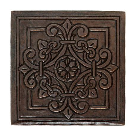 Square Fleur Medallion Design Hammered Copper Tile, 4"x 4"